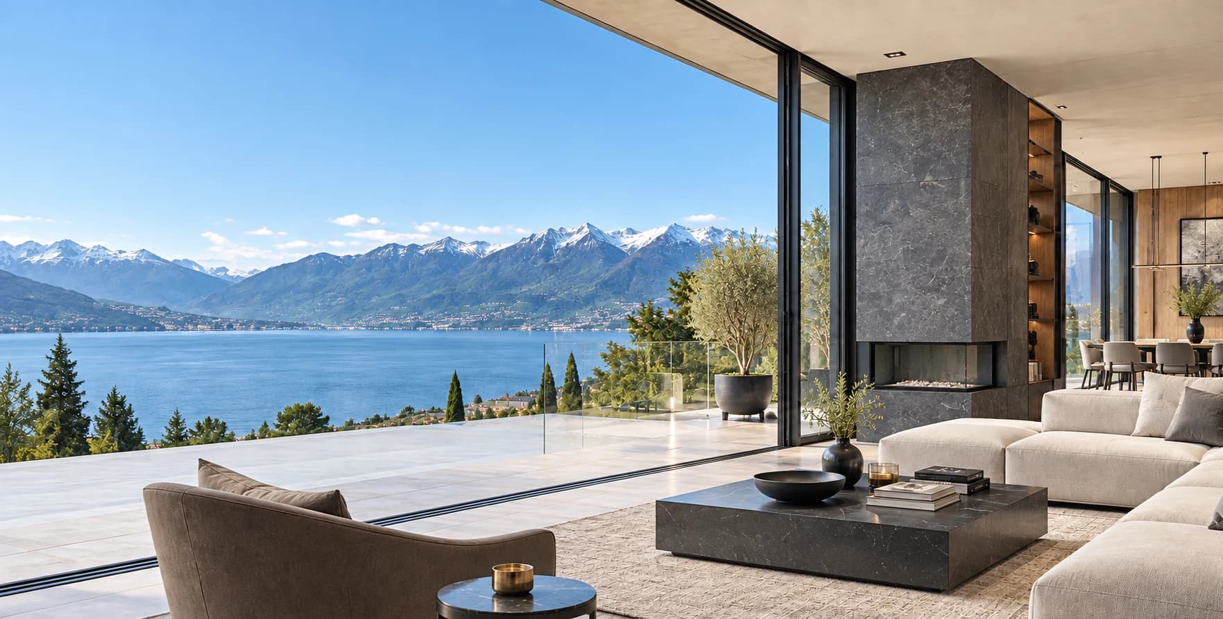 Résidence contemporaine baignée de lumière, avec vue de jour sur le lac et les Alpes